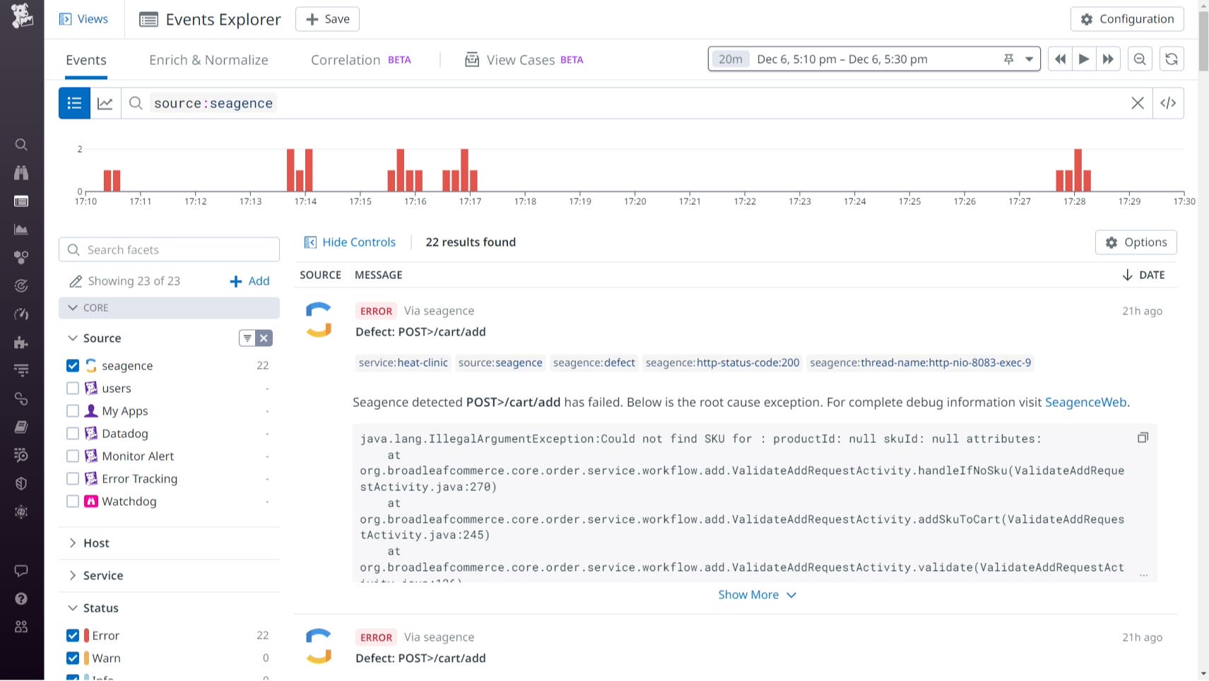 Seagence shows that an IllegalArgumentException error occurred on the /cart/add endpoint. Seagence shows that an IllegalArgumentException error occurred on the /cart/add endpoint.